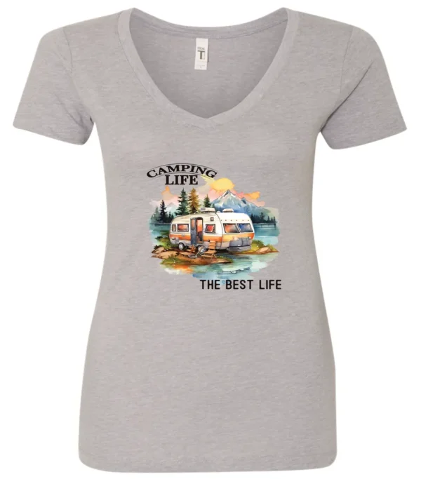 silver camping life v-neck t-shirt featuring an old model camper in the lake with the mountains and sunset as background, and it says camping life, the best life
