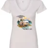 white camping life v-neck t-shirt featuring an old model camper in the lake with the mountains and sunset as background, and it says camping life, the best life