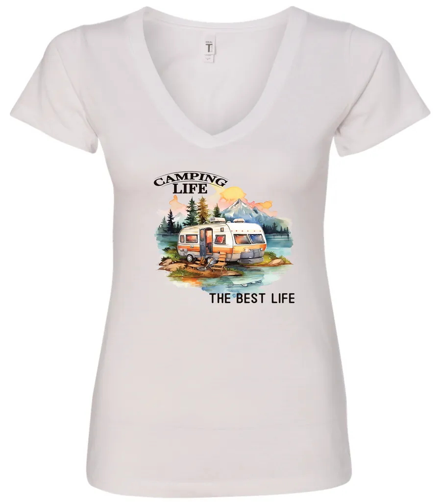 white camping life v-neck t-shirt featuring an old model camper in the lake with the mountains and sunset as background, and it says camping life, the best life