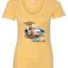 yellow camping life v-neck t-shirt featuring an old model camper in the lake with the mountains and sunset as background, and it says camping life, the best life