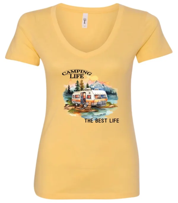 yellow camping life v-neck t-shirt featuring an old model camper in the lake with the mountains and sunset as background, and it says camping life, the best life