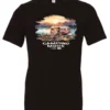 black camp life t-shirt featuring an old model camper in the lake with the mountains and sunrise as background, and it says camping mode on