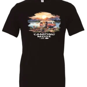 black camp life t-shirt featuring an old model camper in the lake with the mountains and sunrise as background, and it says camping mode on