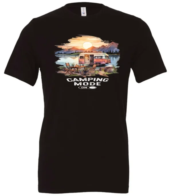 black camp life t-shirt featuring an old model camper in the lake with the mountains and sunrise as background, and it says camping mode on