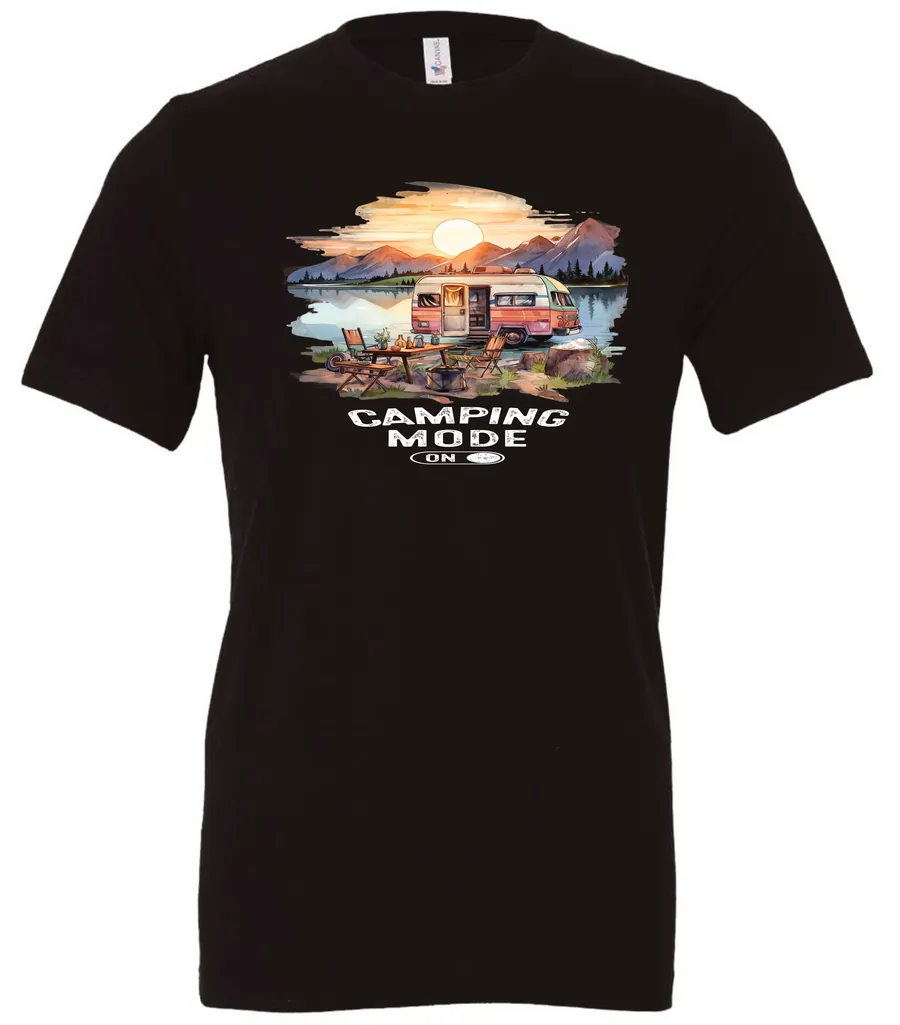 black camp life t-shirt featuring an old model camper in the lake with the mountains and sunrise as background, and it says camping mode on