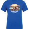 blue camp life t-shirt featuring an old model camper in the lake with the mountains and sunrise as background, and it says camping mode on
