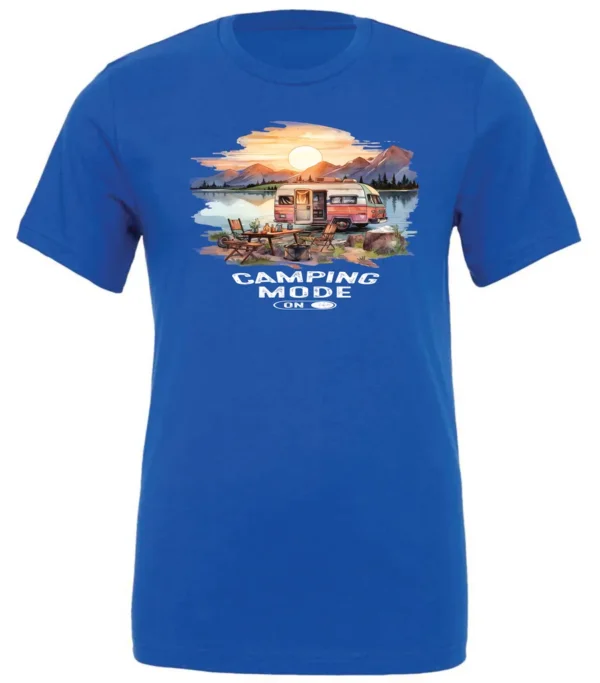 blue camp life t-shirt featuring an old model camper in the lake with the mountains and sunrise as background, and it says camping mode on