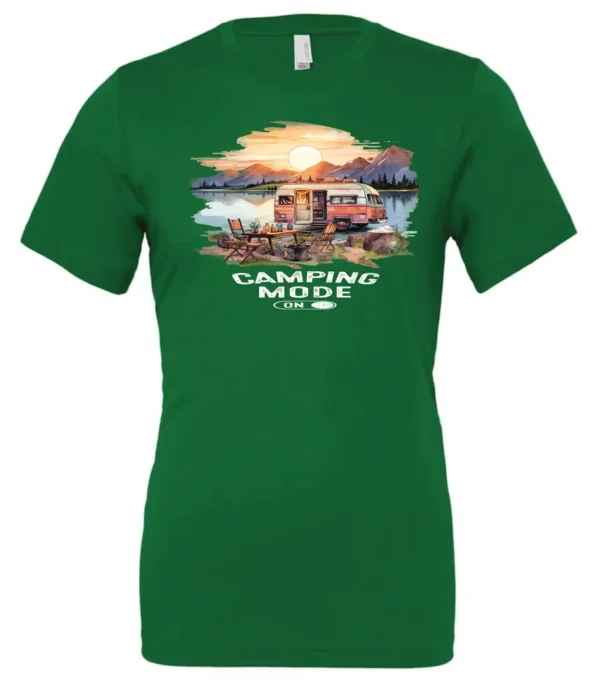 green camp life t-shirt featuring an old model camper in the lake with the mountains and sunrise as background, and it says camping mode on