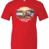 red camp life t-shirt featuring an old model camper in the lake with the mountains and sunrise as background, and it says camping mode on