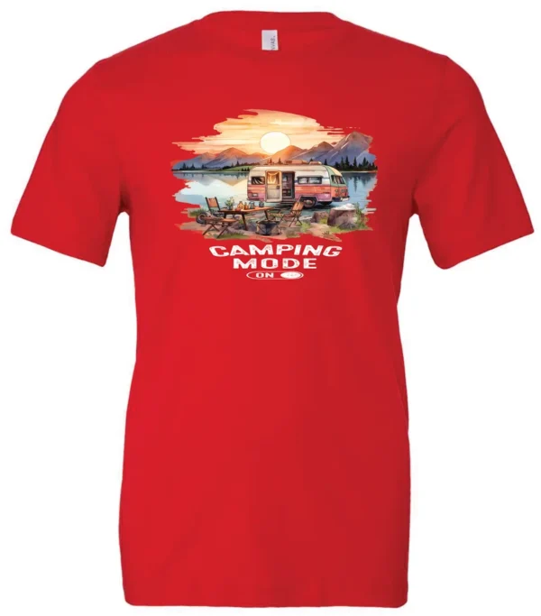 red camp life t-shirt featuring an old model camper in the lake with the mountains and sunrise as background, and it says camping mode on