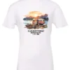 white camp life t-shirt featuring an old model camper in the lake with the mountains and sunrise as background, and it says camping mode on