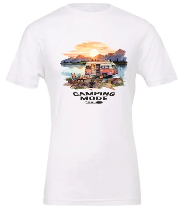 white camp life t-shirt featuring an old model camper in the lake with the mountains and sunrise as background, and it says camping mode on