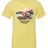 yellow camp life t-shirt featuring an old model camper in the lake with the mountains and sunrise as background, and it says camping mode on