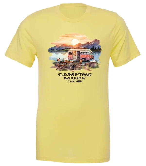 yellow camp life t-shirt featuring an old model camper in the lake with the mountains and sunrise as background, and it says camping mode on