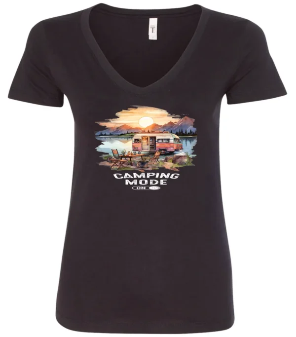 black camp life v-neck t-shirt featuring an old model camper in the lake with the mountains and sunrise as background, and it says camping mode on