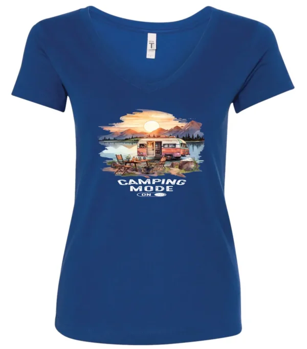 blue camp life v-neck t-shirt featuring an old model camper in the lake with the mountains and sunrise as background, and it says camping mode on