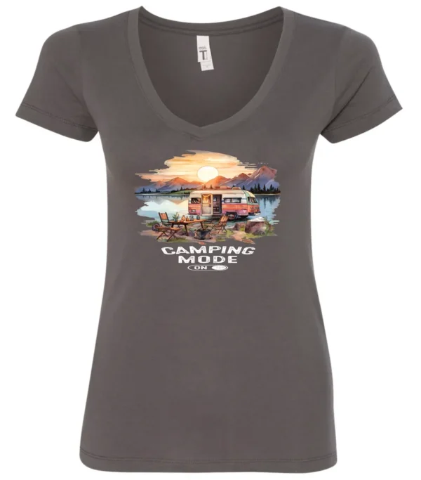 gray camp life v-neck t-shirt featuring an old model camper in the lake with the mountains and sunrise as background, and it says camping mode on