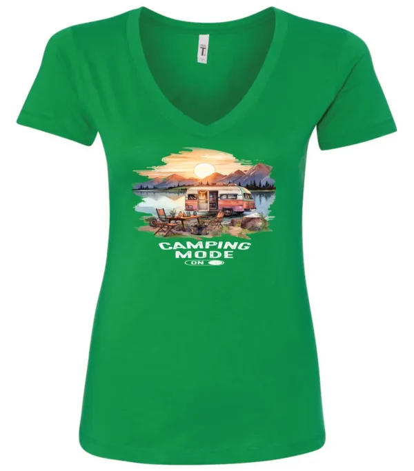 green camp life v-neck t-shirt featuring an old model camper in the lake with the mountains and sunrise as background, and it says camping mode on