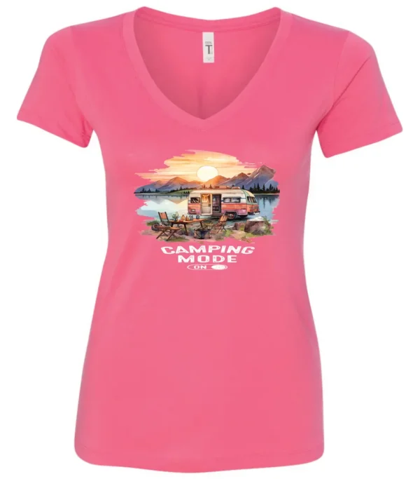 pink camp life v-neck t-shirt featuring an old model camper in the lake with the mountains and sunrise as background, and it says camping mode on