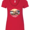red camp life v-neck t-shirt featuring an old model camper in the lake with the mountains and sunrise as background, and it says camping mode on