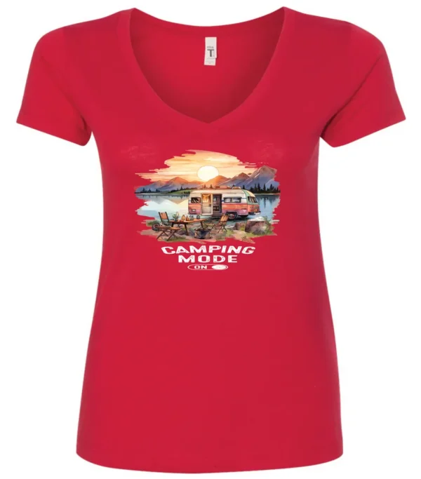red camp life v-neck t-shirt featuring an old model camper in the lake with the mountains and sunrise as background, and it says camping mode on