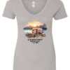 silver camp life v-neck t-shirt featuring an old model camper in the lake with the mountains and sunrise as background, and it says camping mode on