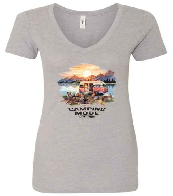 silver camp life v-neck t-shirt featuring an old model camper in the lake with the mountains and sunrise as background, and it says camping mode on