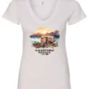 white camp life v-neck t-shirt featuring an old model camper in the lake with the mountains and sunrise as background, and it says camping mode on