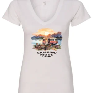 white camp life v-neck t-shirt featuring an old model camper in the lake with the mountains and sunrise as background, and it says camping mode on