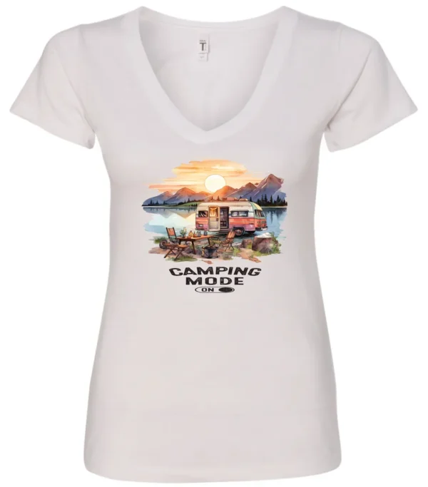 white camp life v-neck t-shirt featuring an old model camper in the lake with the mountains and sunrise as background, and it says camping mode on