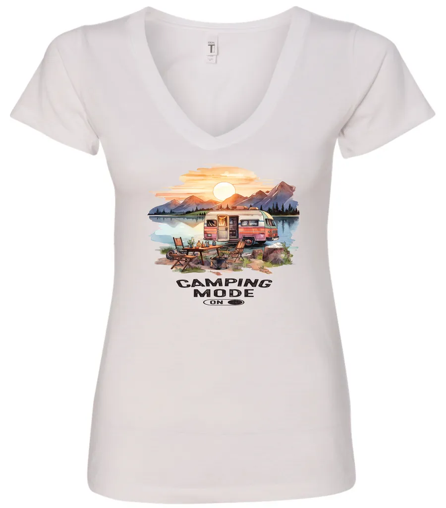 white camp life v-neck t-shirt featuring an old model camper in the lake with the mountains and sunrise as background, and it says camping mode on