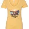 yellow camp life v-neck t-shirt featuring an old model camper in the lake with the mountains and sunrise as background, and it says camping mode on