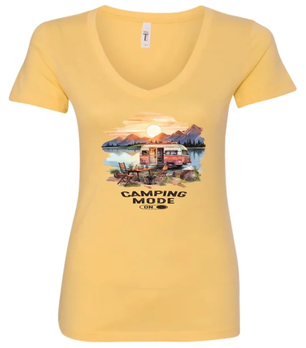 yellow camp life v-neck t-shirt featuring an old model camper in the lake with the mountains and sunrise as background, and it says camping mode on