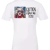 white sarcasm t-shirt featuring a funny design of a disheveled older woman with white hair and big glasses, saying Caution: I have no filter