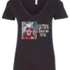 black sarcasm v-neck t-shirt featuring a funny design of a disheveled older woman with white hair and big glasses, saying Caution: I have no filter