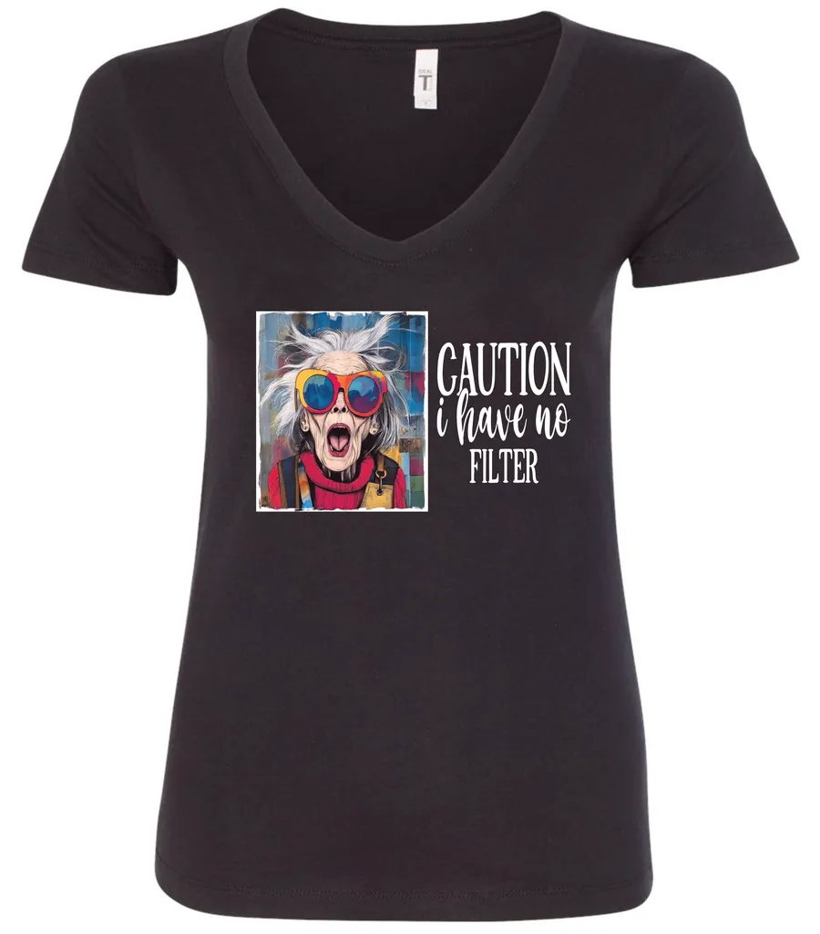 black sarcasm v-neck t-shirt featuring a funny design of a disheveled older woman with white hair and big glasses, saying Caution: I have no filter