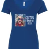 blue sarcasm v-neck t-shirt featuring a funny design of a disheveled older woman with white hair and big glasses, saying Caution: I have no filter