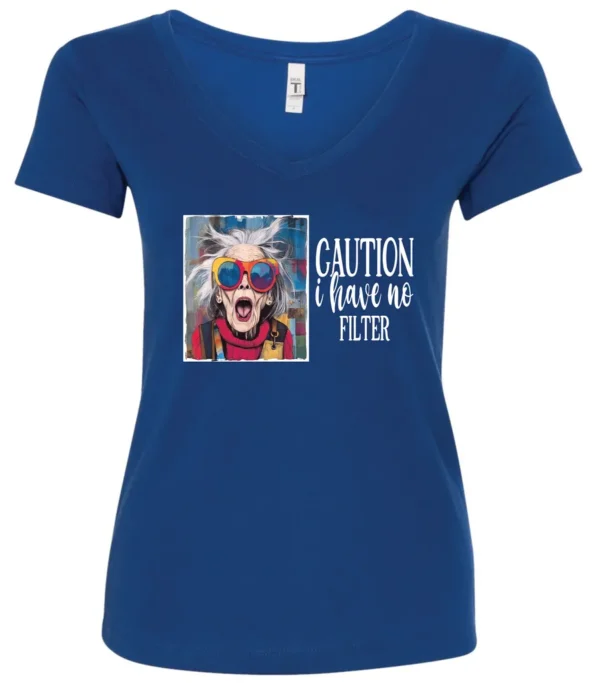 blue sarcasm v-neck t-shirt featuring a funny design of a disheveled older woman with white hair and big glasses, saying Caution: I have no filter