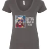 gray sarcasm v-neck t-shirt featuring a funny design of a disheveled older woman with white hair and big glasses, saying Caution: I have no filter