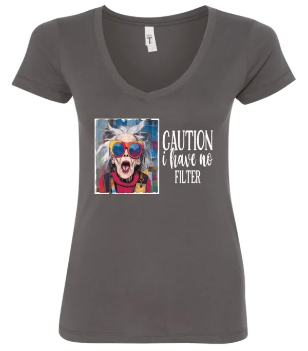 gray sarcasm v-neck t-shirt featuring a funny design of a disheveled older woman with white hair and big glasses, saying Caution: I have no filter