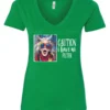 green sarcasm v-neck t-shirt featuring a funny design of a disheveled older woman with white hair and big glasses, saying Caution: I have no filter