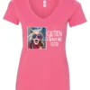 pink sarcasm v-neck t-shirt featuring a funny design of a disheveled older woman with white hair and big glasses, saying Caution: I have no filter