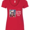 red sarcasm v-neck t-shirt featuring a funny design of a disheveled older woman with white hair and big glasses, saying Caution: I have no filter