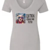 silver sarcasm v-neck t-shirt featuring a funny design of a disheveled older woman with white hair and big glasses, saying Caution: I have no filter