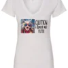 white sarcasm v-neck t-shirt featuring a funny design of a disheveled older woman with white hair and big glasses, saying Caution: I have no filter