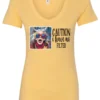 yellow sarcasm v-neck t-shirt featuring a funny design of a disheveled older woman with white hair and big glasses, saying Caution: I have no filter
