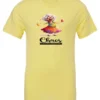 yellow party t-shirt featuring a drunk old woman with glasses holding two glasses of cocktail in each hand and it says chaos coordinator