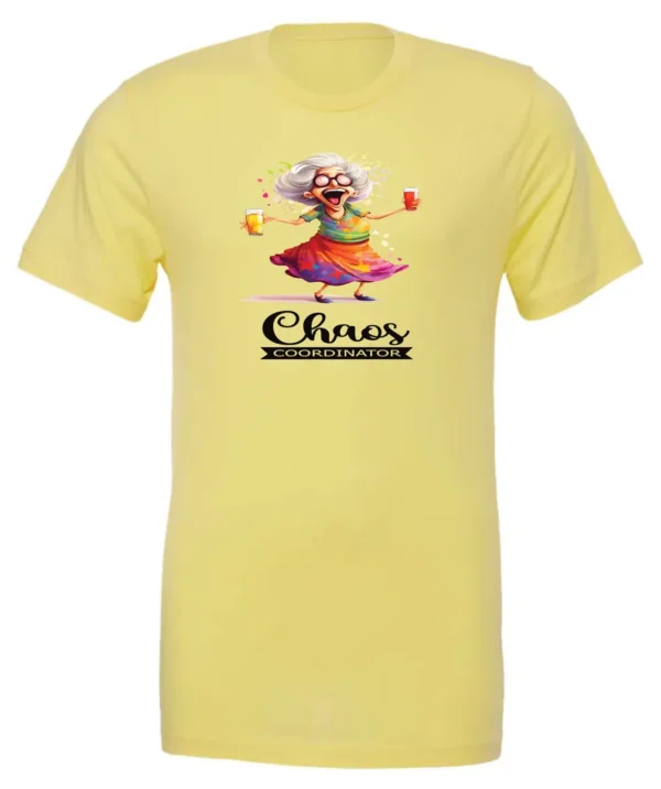 yellow party t-shirt featuring a drunk old woman with glasses holding two glasses of cocktail in each hand and it says chaos coordinator