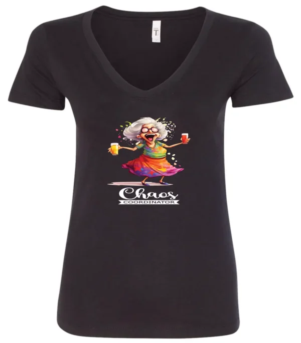 black party v-neck t-shirt featuring a drunk old woman with glasses holding two glasses of cocktail in each hand and it says chaos coordinator