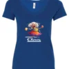 blue party v-neck t-shirt featuring a drunk old woman with glasses holding two glasses of cocktail in each hand and it says chaos coordinator